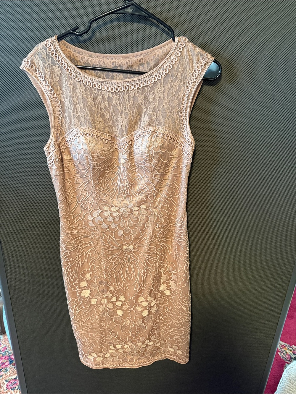 SUE WONG beige floral beaded embroidered A-line mini dress sz 8